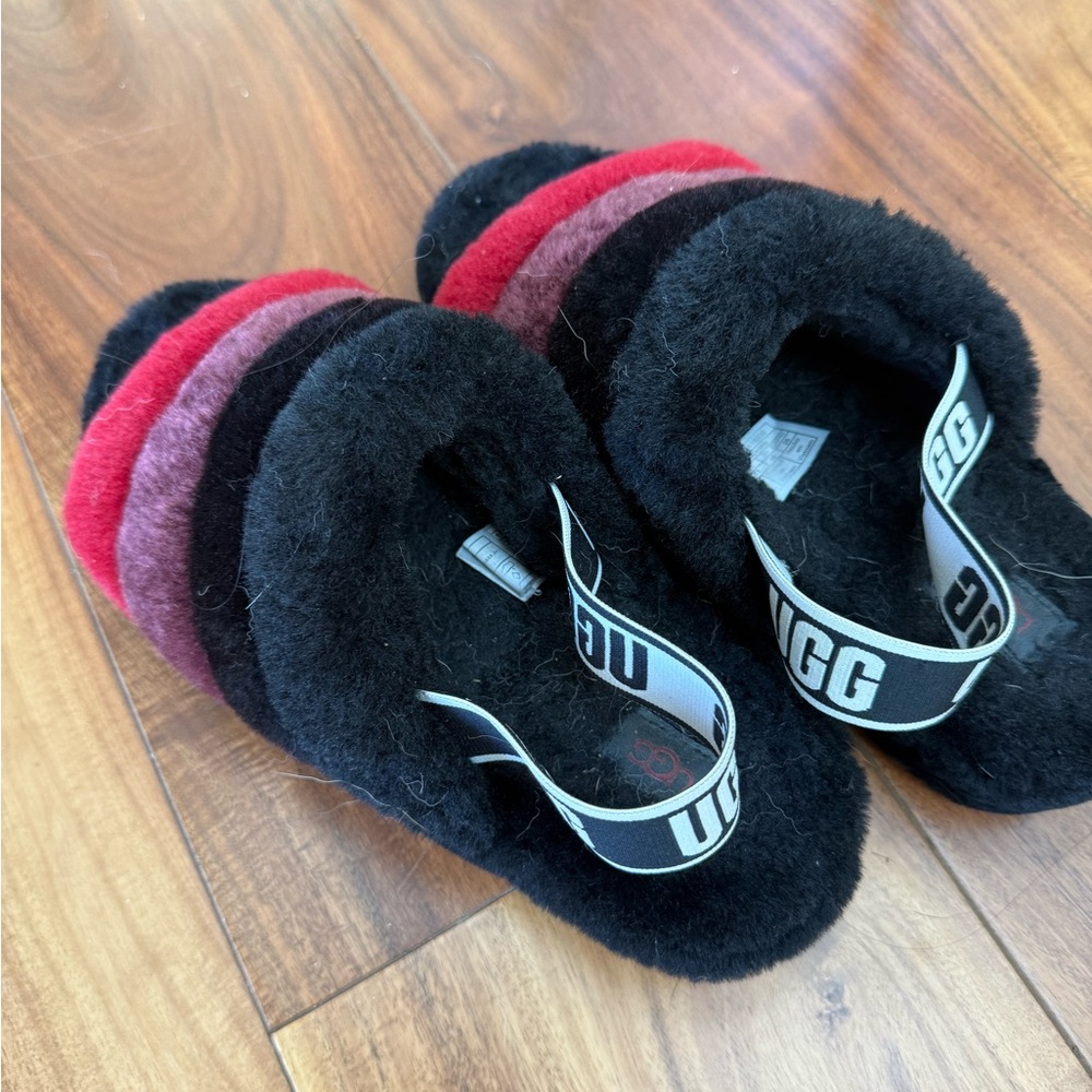 UGG Women’s Fluffy Black and Red Slippers
